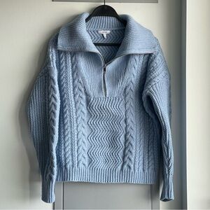 REISS Light Blue Cable Knit Half Zip Cotton & Wool Mix Sweater